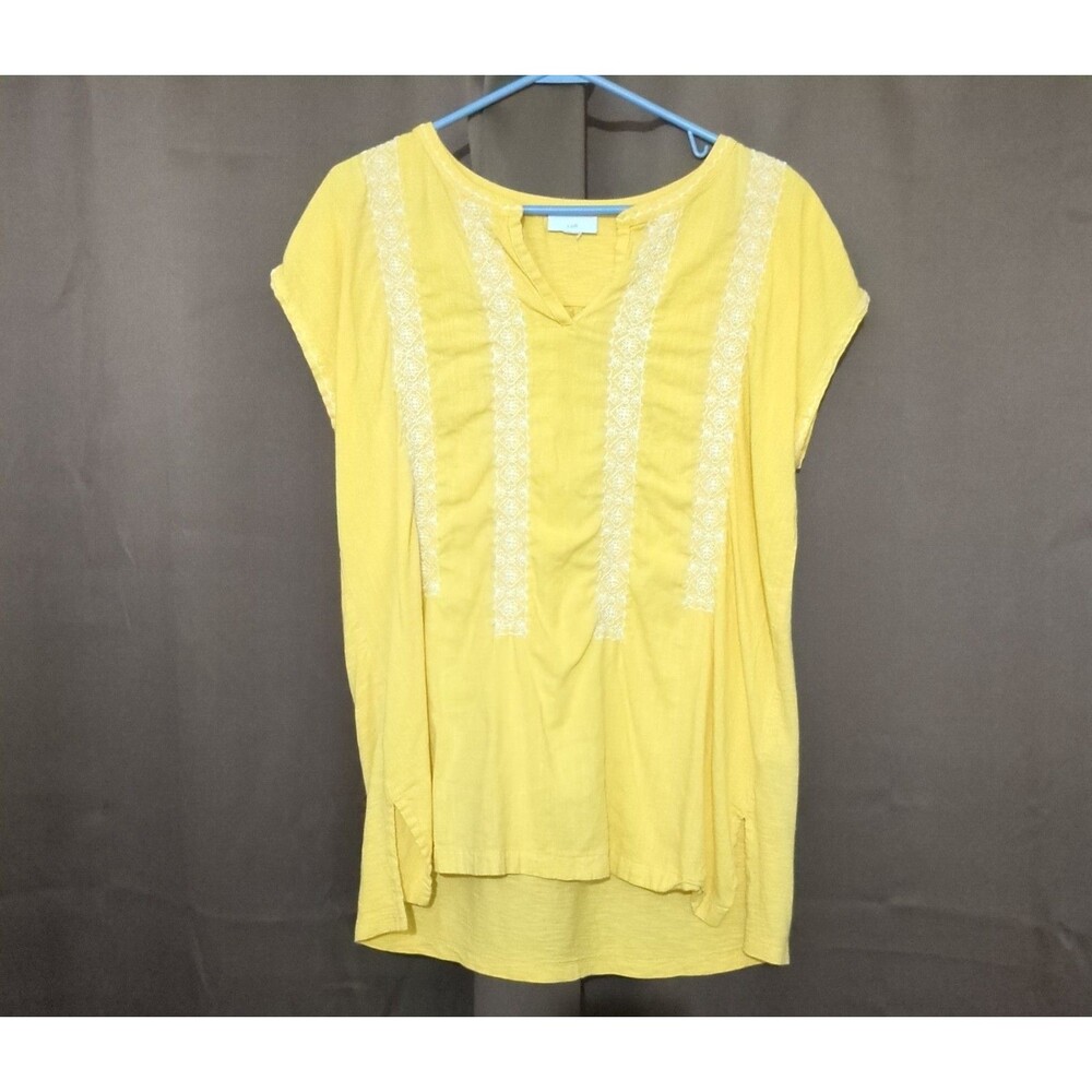 J. Jill Elements Embroidered Yellow Top Womens M Boho V Neck Cap Sleeves